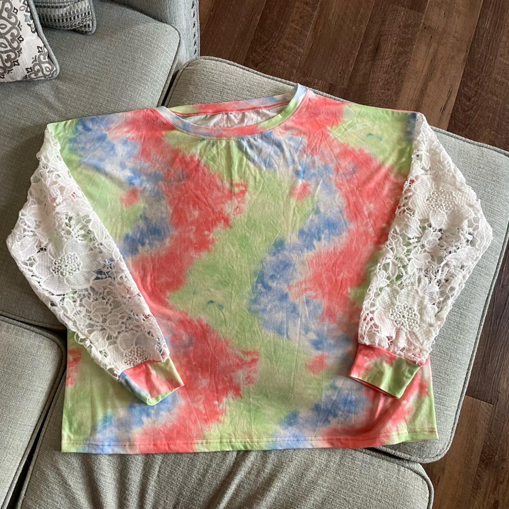 Tie dye sheer lace long sleeve shirt